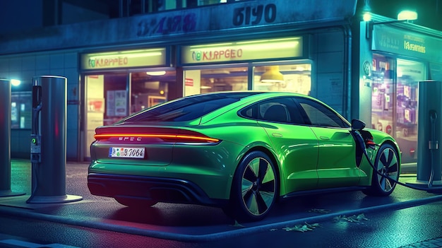 Elektroauto wird an der Station aufgeladen Illustration Grünes neonleuchtendes Elektrofahrzeug, das eine Batterie auffüllt Moderne hybride generative KI