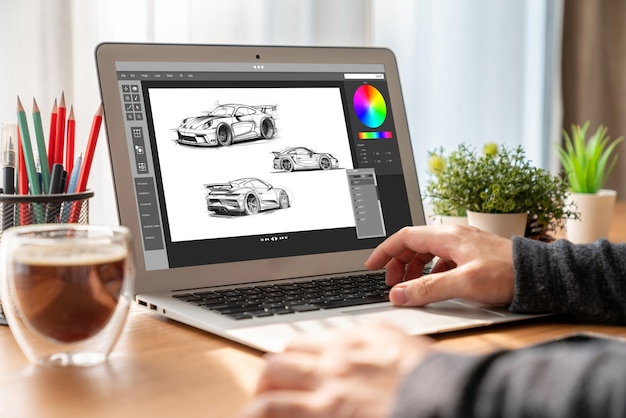 Elektrofahrzeug-Design-Software auf dem Computerbildschirm zeigt die Simulationsplanung angenehm