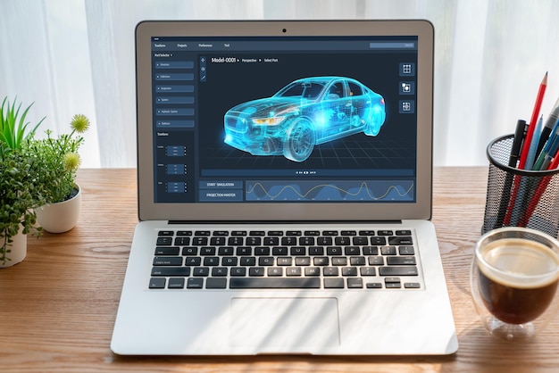 Elektrofahrzeug-Design-Software auf dem Computerbildschirm zeigt die Simulationsplanung angenehm