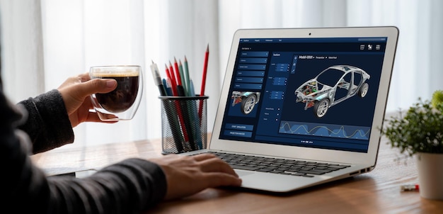 Elektrofahrzeug-Design-Software auf dem Computerbildschirm zeigt die Simulationsplanung angenehm
