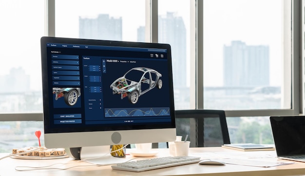 Elektrofahrzeug-Design-Software auf dem Computerbildschirm zeigt die Simulationsplanung angenehm