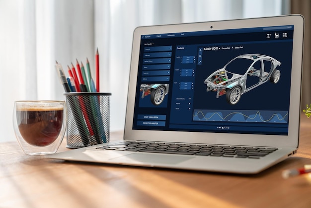 Elektrofahrzeug-Design-Software auf dem Computerbildschirm zeigt die Simulationsplanung angenehm