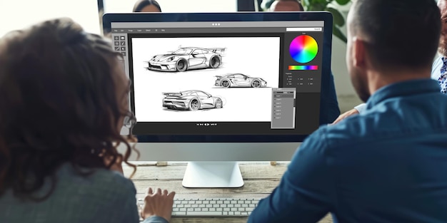 Elektrofahrzeug-Design-Software auf dem Computerbildschirm zeigt Simulationsplan.