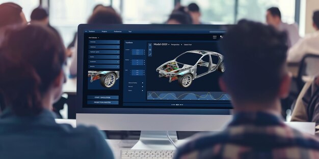 Elektrofahrzeug-Design-Software auf dem Computerbildschirm zeigt Simulationsplan.
