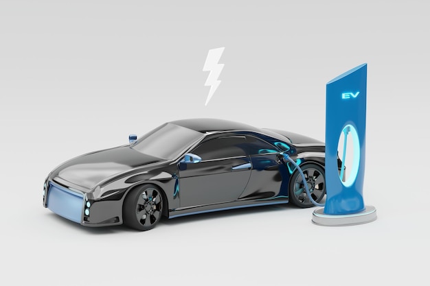 Elektrofahrzeug EV-Auto mit Energy Station Charging 3D-Rendering