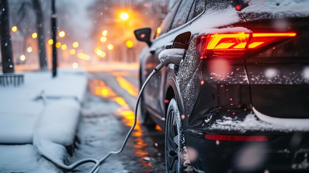 Elektrofahrzeugladen an einer Ladestation in der Winterstadt nachhaltige Öko-Energie Auto Zukunft