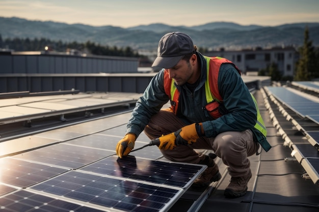 Elektroingenieur installiert Sonnenkollektoren auf dem Dach für alternative erneuerbare grüne Energie