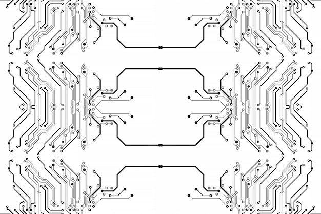 Elektronik-Chipboard. Elektronisches Hightech-Modell der Leiterplatte, Digitaltechnik. Abbildung abstrakter Computerchip. Schwarzer monochromer Mikrochip, auf weißem Hintergrund isolieren