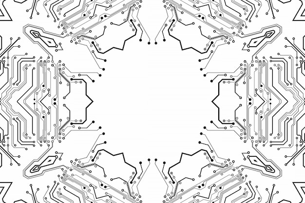 Elektronik-Chipboard. Elektronisches Hightech-Modell der Leiterplatte, Digitaltechnik. Abbildung abstrakter Computerchip. Schwarzer monochromer Mikrochip, auf weißem Hintergrund isolieren