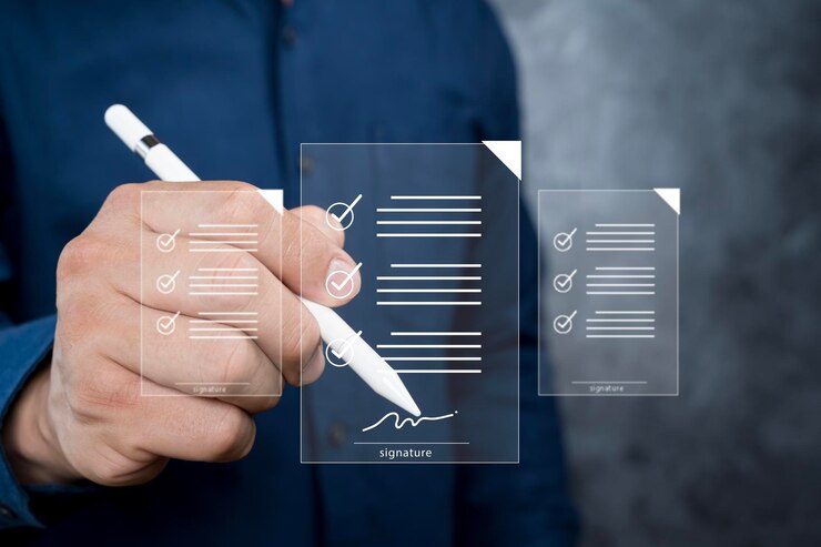 Foto elektronische unterschrift papierloses bürokonzept ein geschäftsmann benutzt einen stift, um elektronische dokumente zu unterschreiben