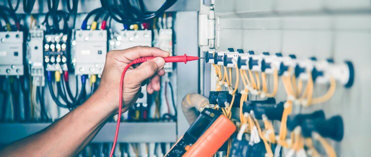 Elektrotechniker überprüft den Betrieb des Elektroschaltschranks, Wartungskonzept.