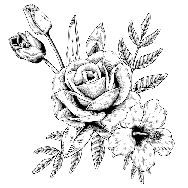 Elemento de design de adesivo de buquê de flores preto e branco