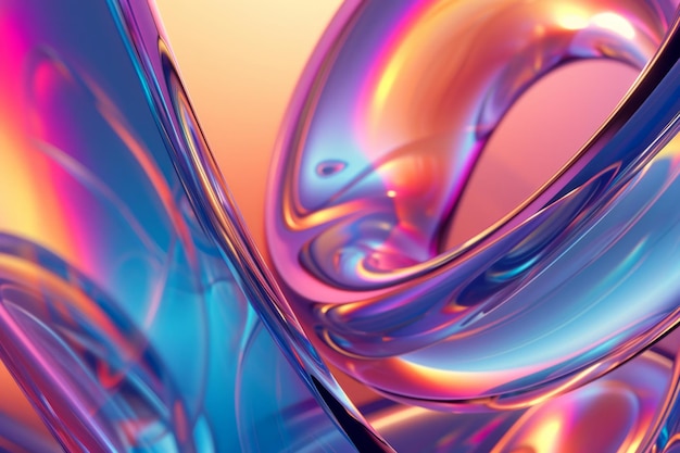 Elemento de projeto de linhas de fluxo de líquido 3D render holográfico de onda curva de néon iridescente em movimento