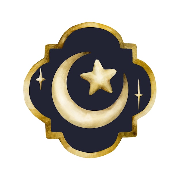Elemento decorativo dorado islámico con media luna y estrella en oscuro Ilustración aislada en acuarela