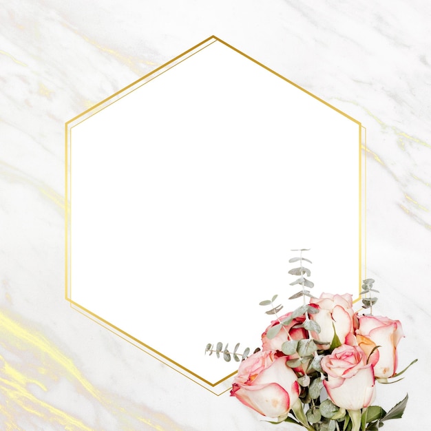 Elemento de diseño del marco hexagonal de mármol dorado floral