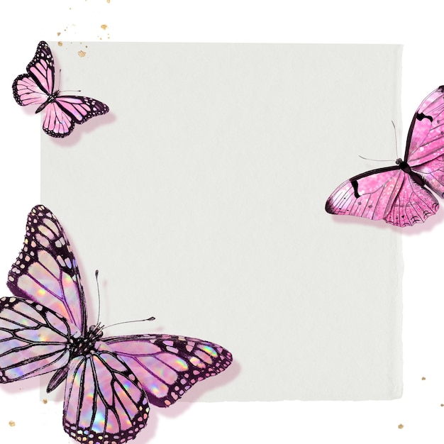 Elemento de diseño del marco de mariposa holográfico rosado y brillante