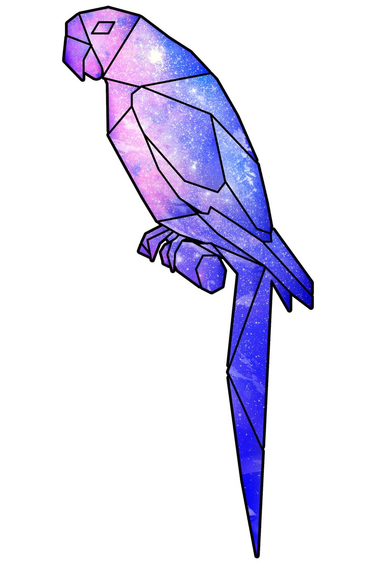 Foto elemento de diseño de la pegatina de loro de forma geométrica con patrón de galaxia púrpura