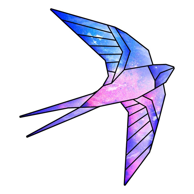 Foto elemento de diseño de la pegatina de pájaro volador de forma geométrica con patrón de galaxia púrpura