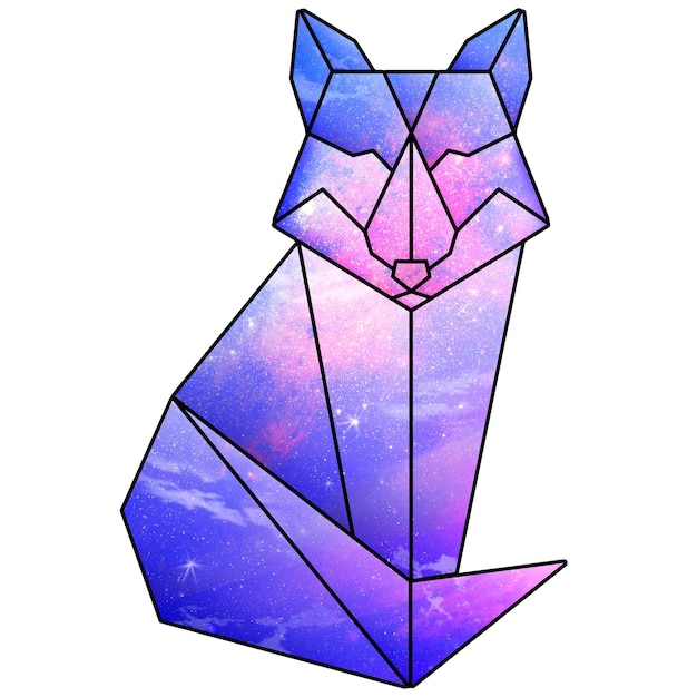 Elemento de diseño de la pegatina de zorro de forma geométrica con patrón de galaxia púrpura