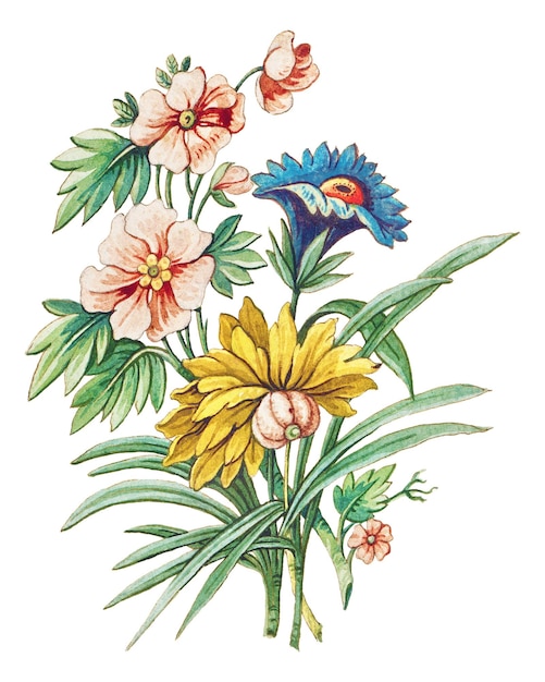 Elemento de diseño de ramas de flores coloridas en flor de época