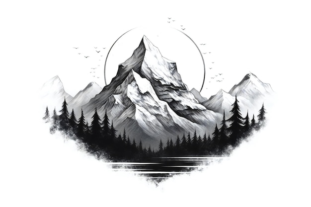 Elemento de diseño de tatuaje de montañas en fondo blanco