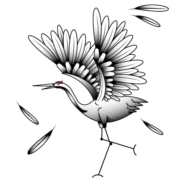 Elemento de diseño del tatuaje del pájaro de la grulla coronada roja japonesa