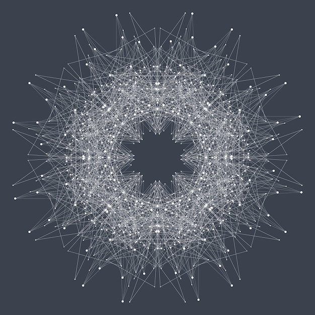 Elemento fractal com linhas e pontos conectados. Complexo de Big Data. Compostos de partículas. Conexão de rede, plexo de linhas. Design caótico minimalista, ilustração, ilustração raster.