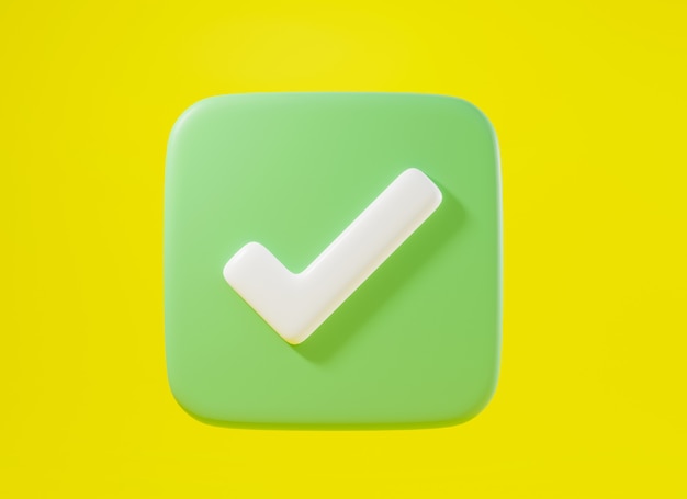 Elemento de icono de símbolos de marca de verificación de garrapata verde. Botón de forma Sí para señal correcta en cuadrado aprobado, diseño gráfico de marca simple sobre fondo amarillo, símbolo de marca de verificación derecha, ilustración de renderizado 3D