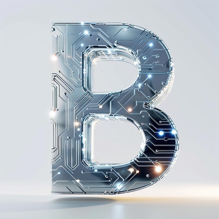 Foto un elemento de logotipo 3d de una red de datos en forma de b circuitos metálicos elegantes puntos de conexión brillantes flotantes