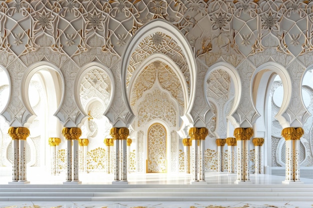 El elemento de la mezquita en el interior de estilo de arquitectura islámica árabe adornado colores dorados blancos estrellas Ramadan Kareem festival de la comunidad musulmana generado por la IA