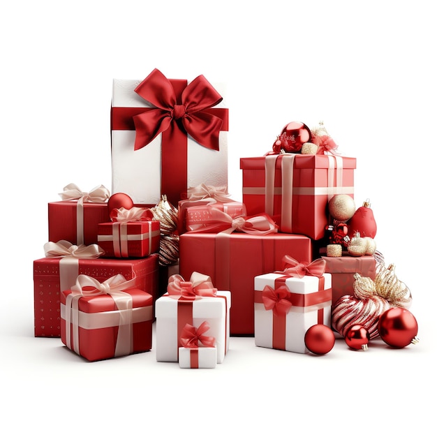 Elemento navideño con cajas de regalos y bolas aisladas sobre fondo blanco