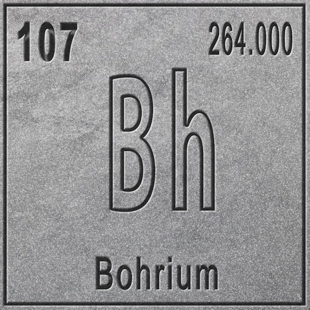 Elemento químico bohrium, signo con número atómico y peso atómico, elemento de tabla periódica, fondo plateado