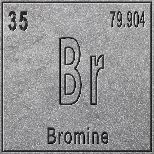 Elemento químico bromo, sinal com número atômico e peso atômico, elemento de tabela periódica, fundo prateado