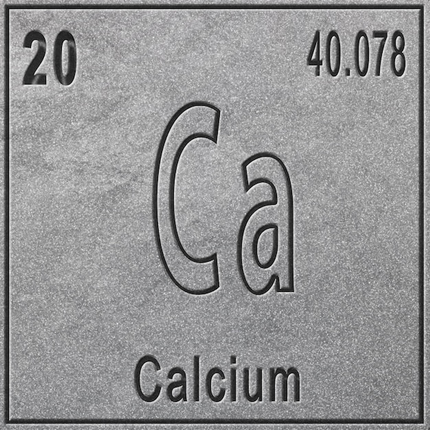 Elemento químico de calcio, signo con número atómico y peso atómico, elemento de tabla periódica, fondo plateado