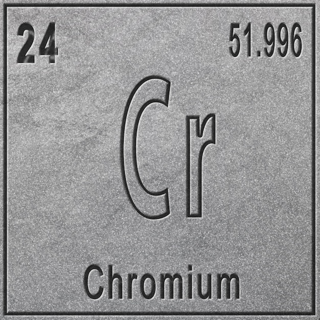 Foto elemento químico de cromo, signo con número atómico y peso atómico, elemento de tabla periódica, fondo plateado