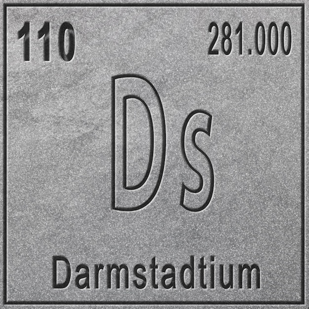 Elemento químico Darmstadtium, Sinal com número atômico e peso atômico, Elemento de tabela periódica, fundo prateado