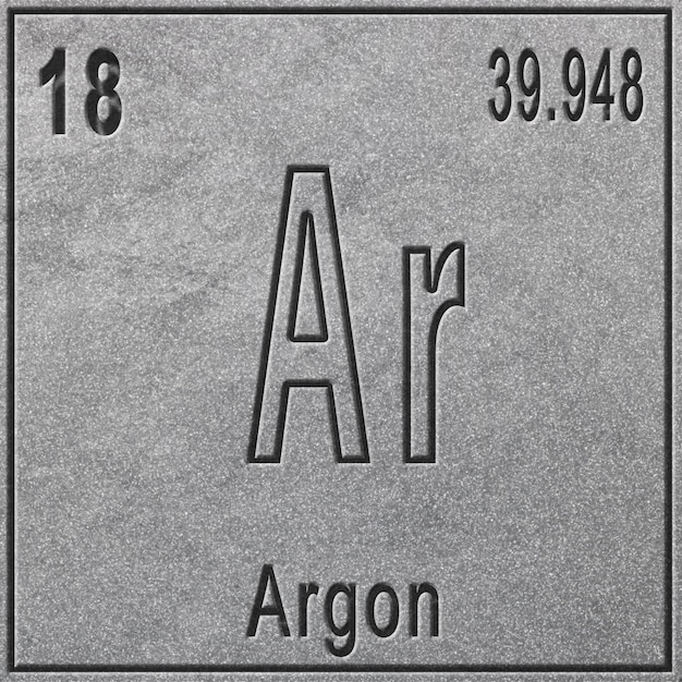Elemento químico de argônio, sinal com número atômico e peso atômico, elemento de tabela periódica, fundo prateado