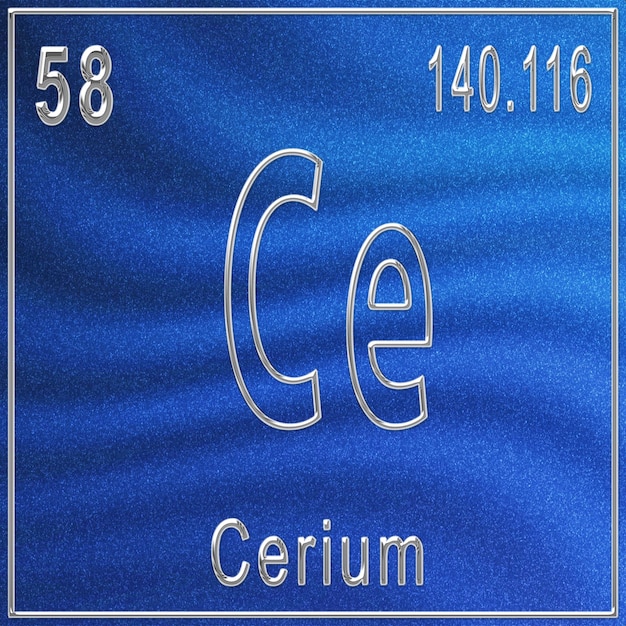 Foto elemento químico de cério, sinal com número atômico e peso atômico, elemento de tabela periódica
