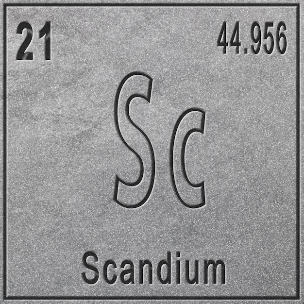 Elemento químico de escândio, sinal com número atômico e peso atômico, elemento de tabela periódica, fundo prateado