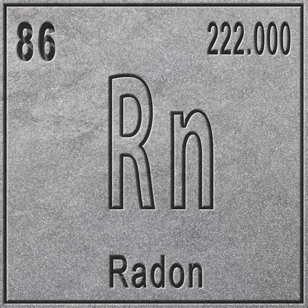 Elemento químico de radônio, sinal com número atômico e peso atômico, elemento de tabela periódica, fundo prateado