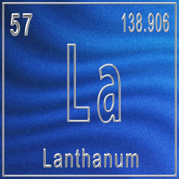 Foto elemento químico de lantano, signo con número atómico y peso atómico, elemento de la tabla periódica