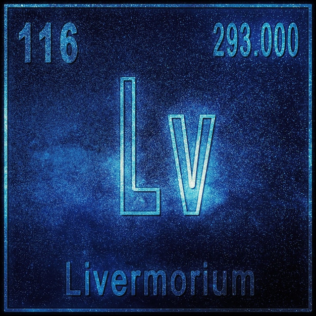Foto elemento químico de livermorium, signo con número atómico y peso atómico, elemento de tabla periódica