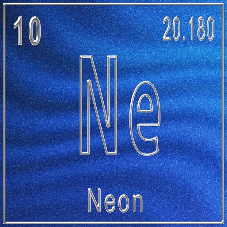 Foto elemento químico de neón, signo con número atómico y peso atómico, elemento de tabla periódica