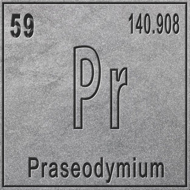 Elemento químico de praseodimio, signo con número atómico y peso atómico, elemento de tabla periódica, fondo plateado