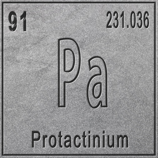 Elemento químico protactínio, sinal com número atômico e peso atômico, elemento de tabela periódica, fundo prateado