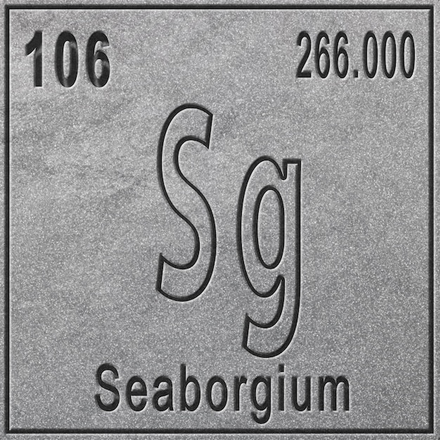 Elemento químico Seaborgium, Sinal com número atômico e peso atômico, Elemento de Tabela Periódica, fundo prateado