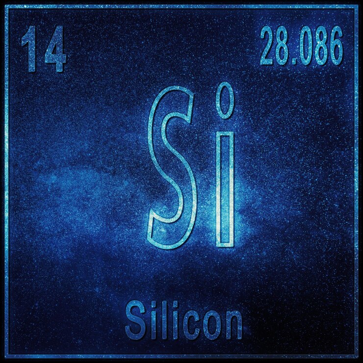 Foto elemento químico de silicio, signo con número atómico y peso atómico, elemento de tabla periódica