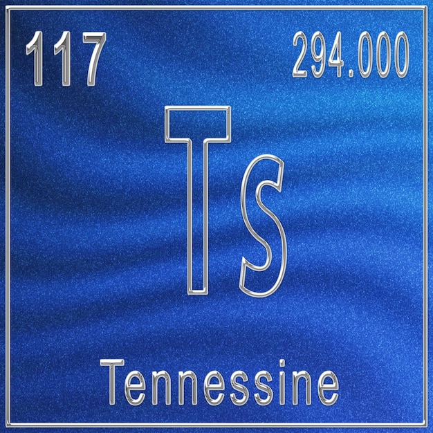 Elemento químico tennessine, sinal com número atômico e peso atômico, elemento de tabela periódica