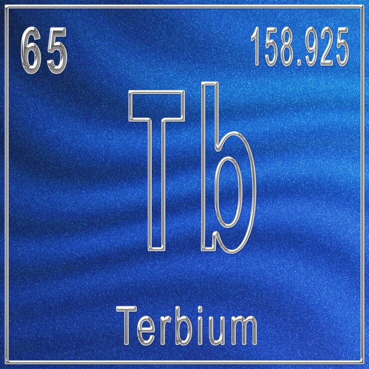 Foto elemento químico terbio, signo con número atómico y peso atómico, elemento de la tabla periódica
