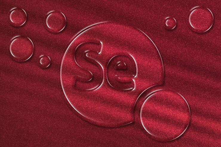 Foto elemento se selenio mineral complejo vitamínico suplemento dietético fondo rojo.